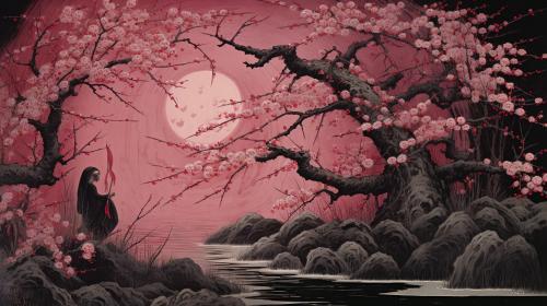 Sakura in the moonlight with a cerise-winged reaper