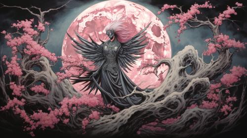 Sakura in the moonlight with a cerise-winged reaper