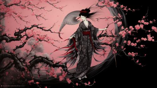 Sakura in the moonlight with a cerise-winged reaper