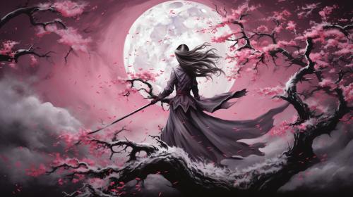 Sakura in the moonlight with a cerise-winged reaper