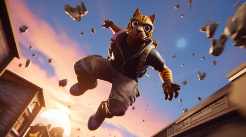 fortnite skins backflipping over a cat being shot at them

