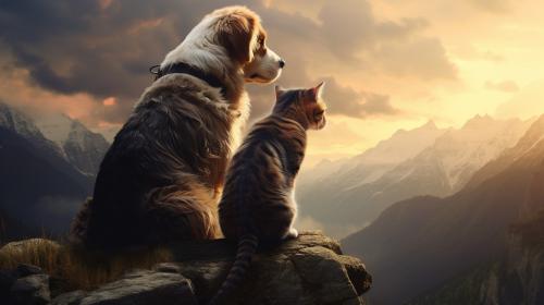 A cat looking into the mountains with a dog on top.
