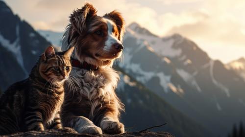 A cat looking into the mountains with a dog on top.
