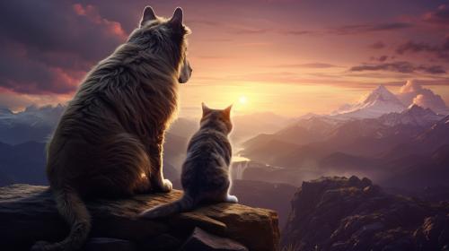 A cat looking into the mountains with a dog on top.
