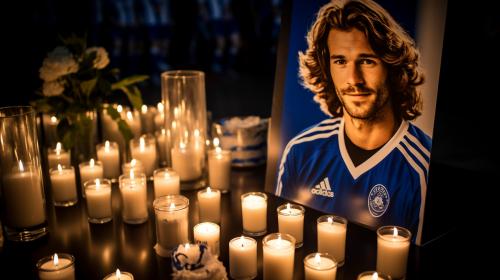 Mourning for Kay Bernstein with a Picture of him and the Hertha BSC logo with candles. In a sad atmosphere, with beautiful shadows, with dark colors in almost black and white. With the reference to football and the east curve of Hertha BSC. Breathtakingly presented.