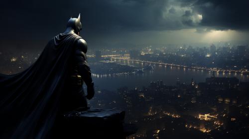 batman looking over Gotham at night
