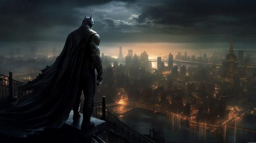 batman looking over Gotham at night
