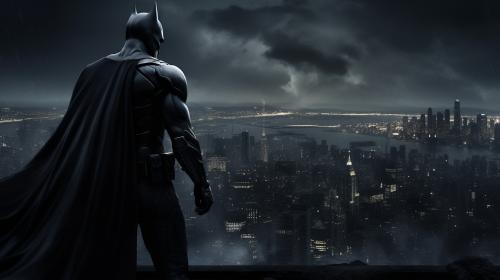 batman looking over Gotham at night
