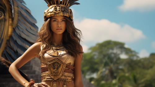 Zendaya as an Aztec warrior atop chichen itza