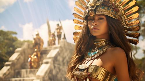 Zendaya as an Aztec warrior atop chichen itza