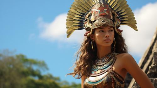 Zendaya as an Aztec warrior atop chichen itza