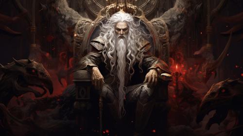 A demon king, he is a 30 year old man. He is cruel, sadistic, powerful. He has long white hair, red eyes, long black horns. No beard, no facial hair. He is seated on a magnificent throne, wicked yet beautiful. He is inside an opulent room with marble floors, marble walls, and gold decorations.