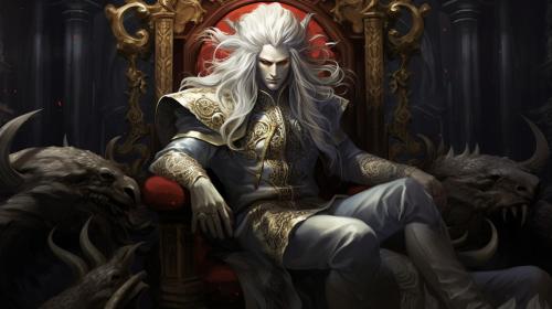 A demon king, he is a 30 year old man. He is cruel, sadistic, powerful. He has long white hair, red eyes, long black horns. No beard, no facial hair. He is seated on a magnificent throne, wicked yet beautiful. He is inside an opulent room with marble floors, marble walls, and gold decorations.