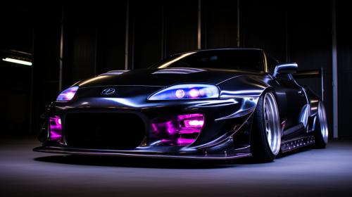 fully carbon fibre supra mkii with exposed engine and purple underlighting
