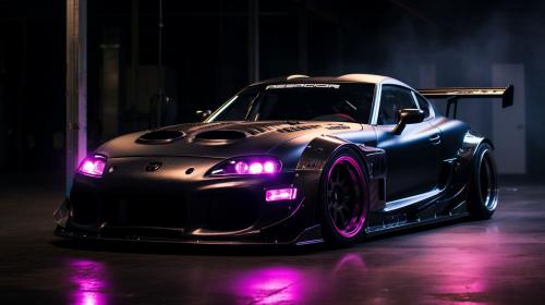 fully carbon fibre supra mkii with exposed engine and purple underlighting
