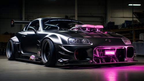 fully carbon fibre supra mkii with exposed engine and purple underlighting
