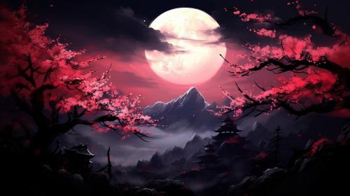 Sakura, Japan, moon, dark
