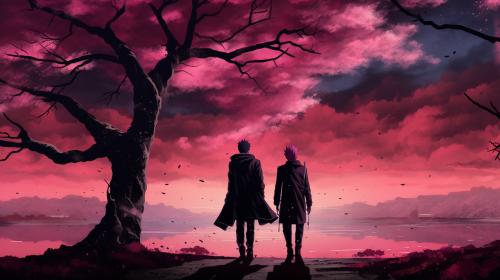 Jujutsu kaisen Gojo Satoru and Getou Suguru, with a beautiful background of blossom trees and a purple sunset