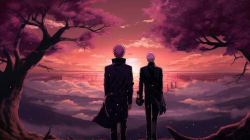 Jujutsu kaisen Gojo Satoru and Getou Suguru, with a beautiful background of blossom trees and a purple sunset