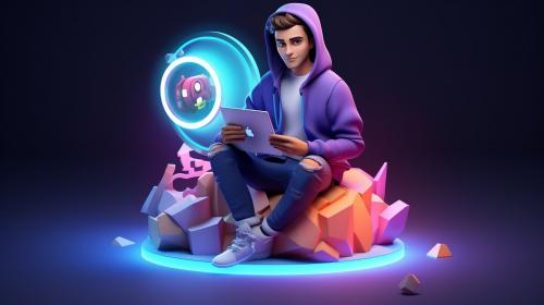 Create a 3D illustration of an animated character sitting casually on top of a social media logo 