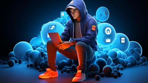 Create a 3D illustration of an animated character sitting casually on top of a social media logo 