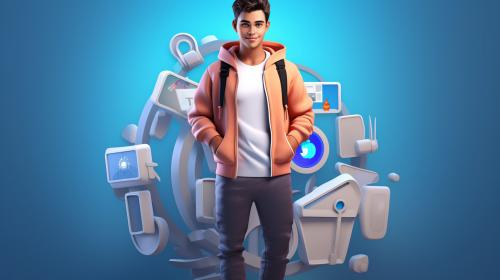 Create a 3D illustration of an animated character sitting casually on top of a social media logo 