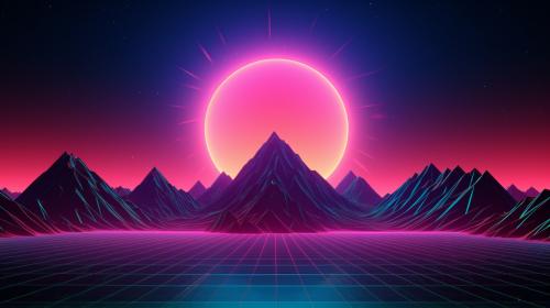 neon pink and green sun rising from two neon blue mountains with neon bright background 
8k image