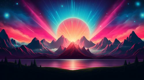 neon pink and green sun rising from two neon blue mountains with neon bright background 
8k image