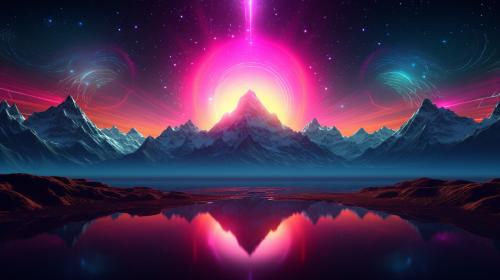 neon pink and green sun rising from two neon blue mountains with neon bright background 
8k image