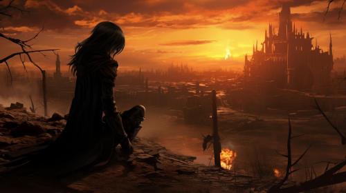 anime, Akame sad hugging her blade in a vast burned landscape with broken castel