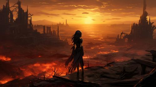 anime, Akame sad hugging her blade in a vast burned landscape with broken castel