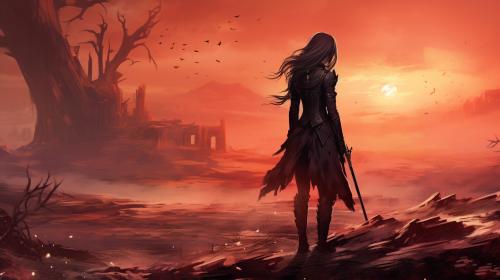 anime, Akame sad hugging her blade in a vast burned landscape with broken castel