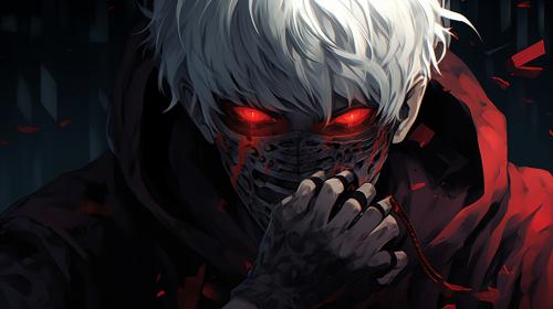 Ken kaneki with white hair and mask on with black eye and red iris kracking his finger
