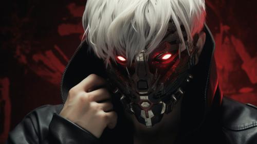 Ken kaneki with white hair and mask on with black eye and red iris kracking his finger
