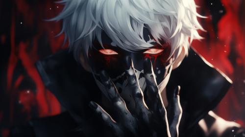 Ken kaneki with white hair and mask on with black eye and red iris kracking his finger
