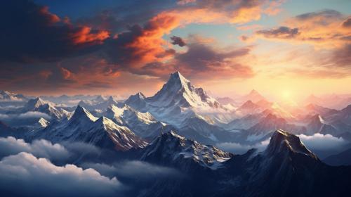 Mountains at sunset with snow
