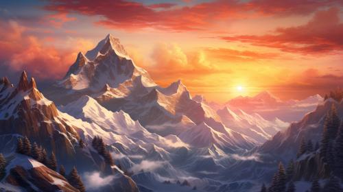 Mountains at sunset with snow
