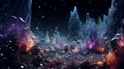 Millions of sparkling crystals inside a dark snowy cave at night, highly detailed, very colorful, beautiful 