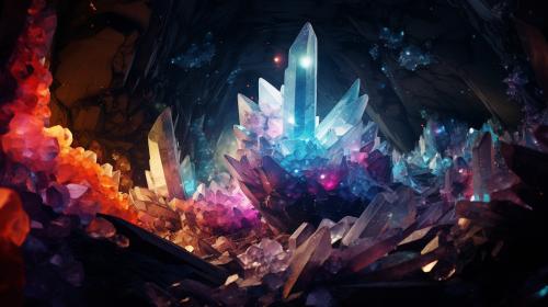 Millions of sparkling crystals inside a dark snowy cave at night, highly detailed, very colorful, beautiful 