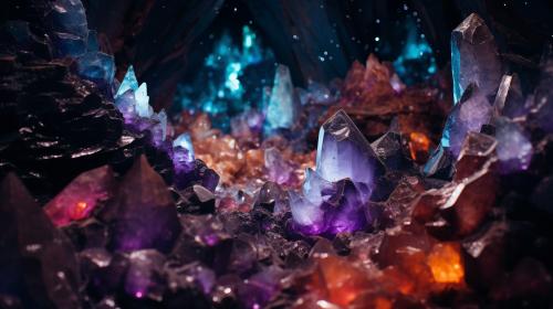 Millions of sparkling crystals inside a dark snowy cave at night, highly detailed, very colorful, beautiful 