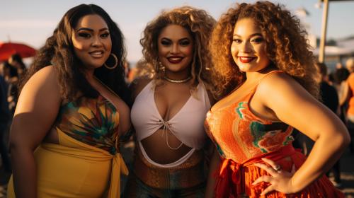 Curvy models at sunset beach party
