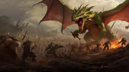 Goblin army fighting dragon