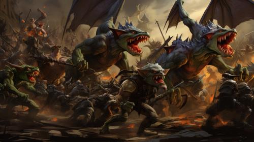 Goblin army fighting dragon