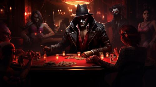 Poker game in a saloon in hell while it freezes over with jager from tom clancy's rainbow six siege while beastboy burst's through the wall with black beard riding on his back and with wesker from hazbin hotel as the bartender getting drunk serving drinks and playing poker while angel dust pole dances
