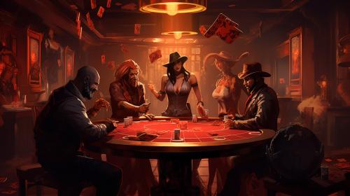 Poker game in a saloon in hell while it freezes over with jager from tom clancy's rainbow six siege while beastboy burst's through the wall with black beard riding on his back and with wesker from hazbin hotel as the bartender getting drunk serving drinks and playing poker while angel dust pole dances
