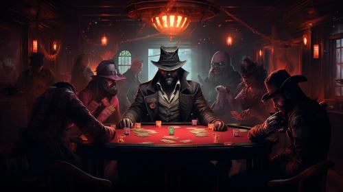 Poker game in a saloon in hell while it freezes over with jager from tom clancy's rainbow six siege while beastboy burst's through the wall with black beard riding on his back and with wesker from hazbin hotel as the bartender getting drunk serving drinks and playing poker while angel dust pole dances
