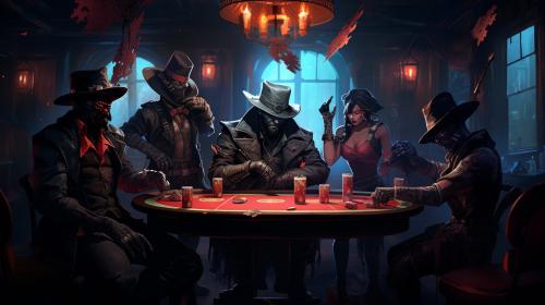 Poker game in a saloon in hell while it freezes over with jager from tom clancy's rainbow six siege while beastboy burst's through the wall with black beard riding on his back and with wesker from hazbin hotel as the bartender getting drunk serving drinks and playing poker while angel dust pole dances
