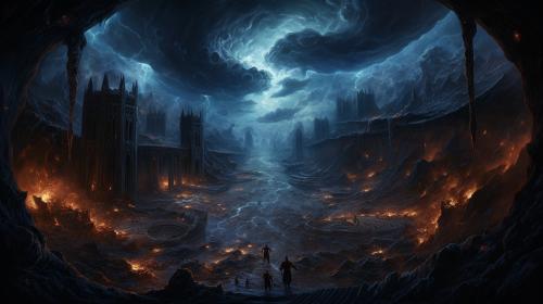 A massive hole in the earth with thousands of  demons coming out of it, with blue flames in the background, highly detailed, at night