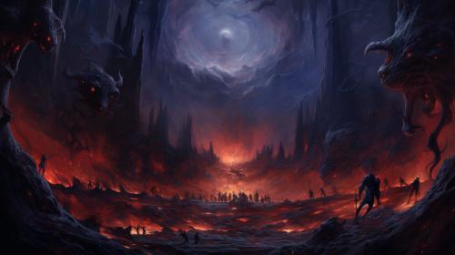 A massive hole in the earth with thousands of  demons coming out of it, with blue flames in the background, highly detailed, at night