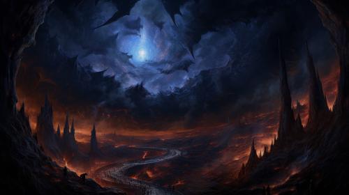 A massive hole in the earth with thousands of  demons coming out of it, with blue flames in the background, highly detailed, at night